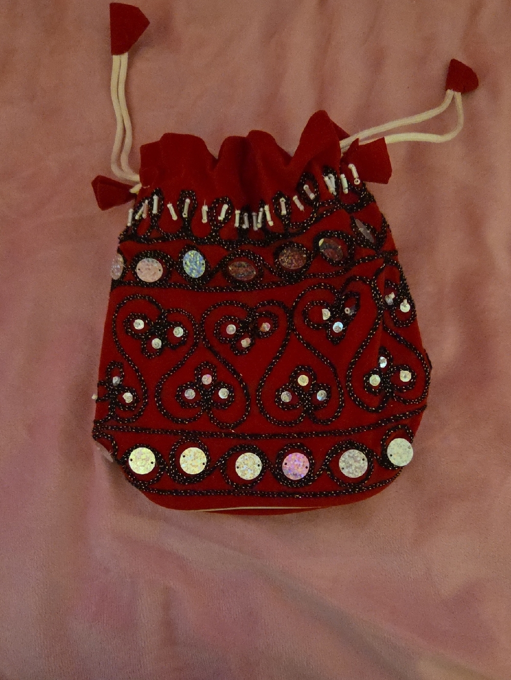 no brand name small red purse with sequins drawstring